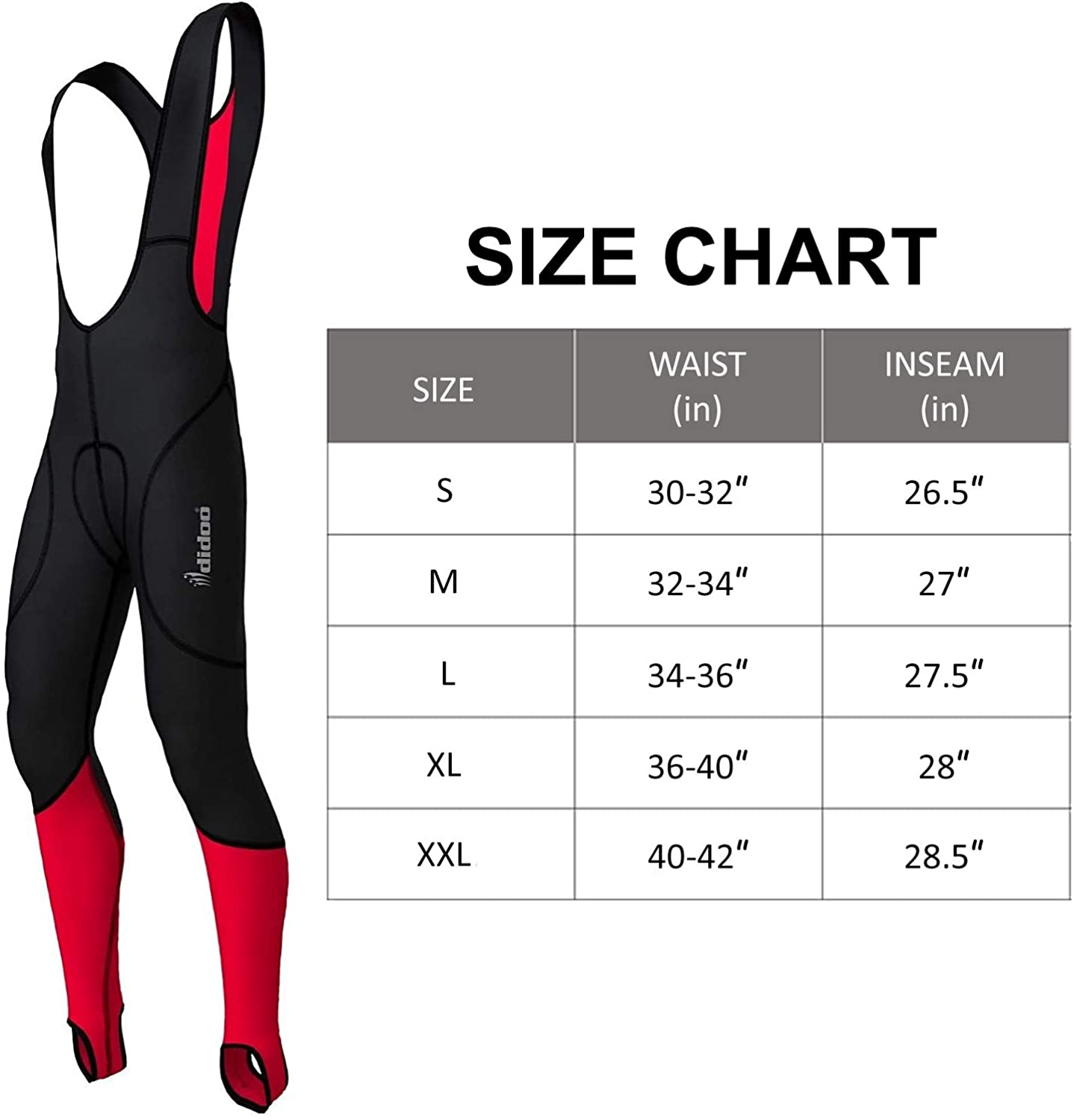 DiDoo Men Classic Padded Winter Bib Tights Black and Red